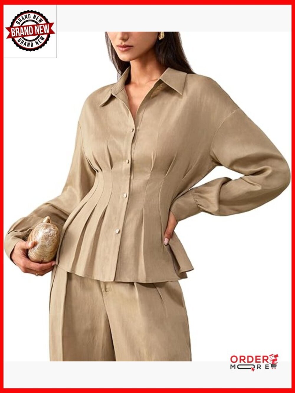 Linen Blend Long Sleeve Blouse with Waist Pleats and Adjustable Drawstring,
